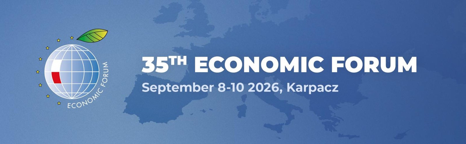 Banner of the 35th Economic Forum carrying the Economic Forum logo, the theme "The Architecture of a New Order — Stability in Times of Change", and the dates 8–10 September 2026 in Karpacz, Poland.