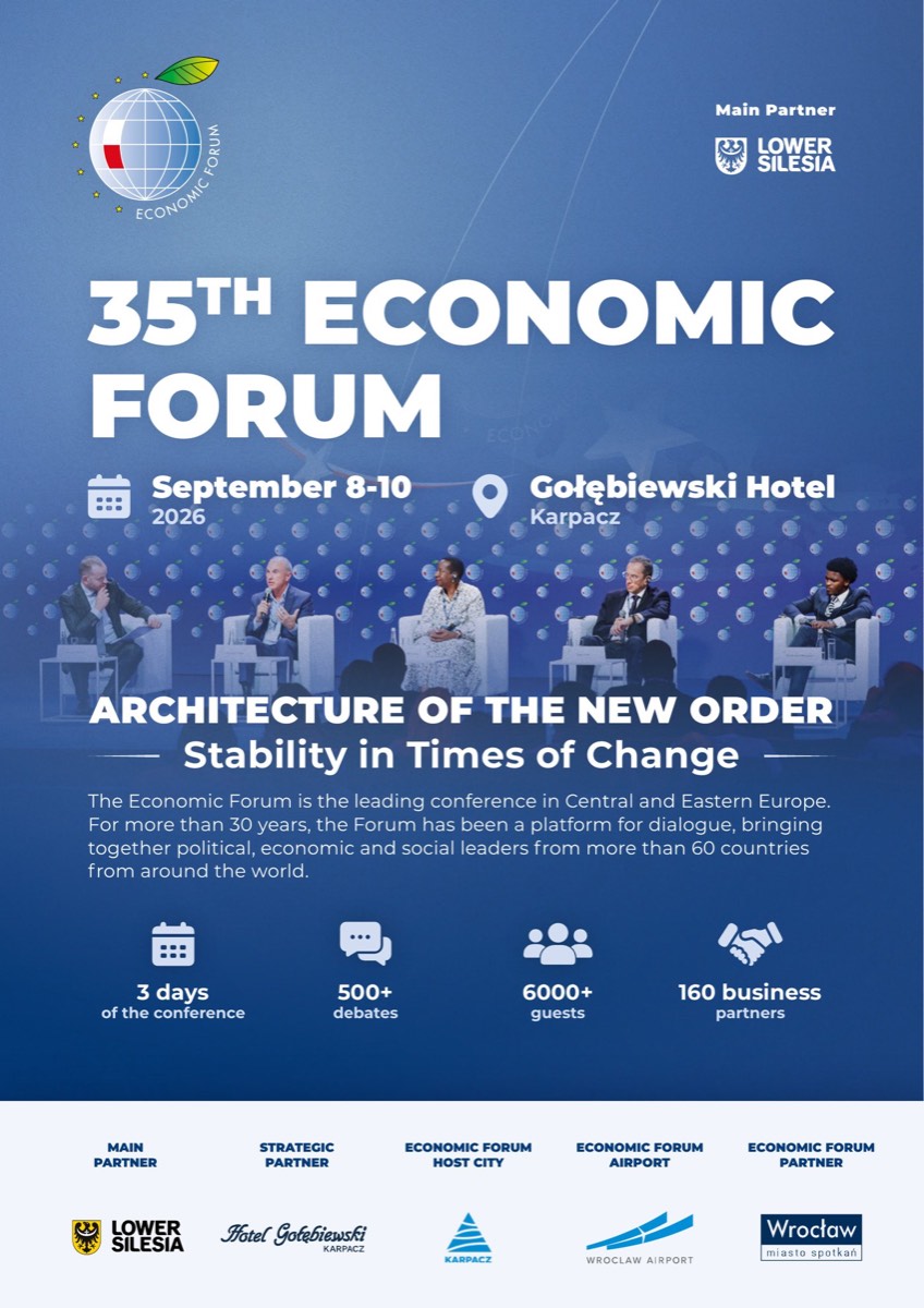Official poster of the 35th Economic Forum, Karpacz, 8–10 September 2026, showing the Economic Forum logo and the theme “The Architecture of a New Order — Stability in Times of Change”.