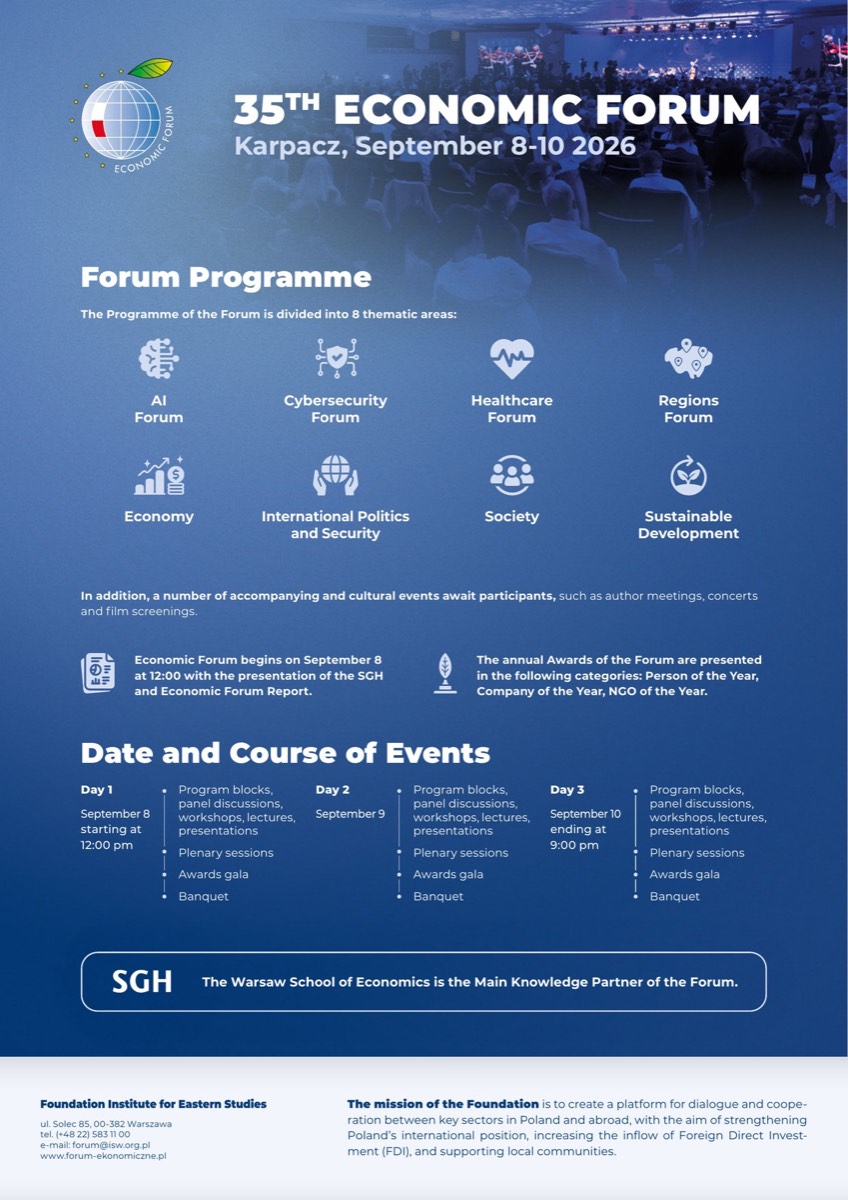 Programme infographic for the 35th Economic Forum, setting out its eight thematic programme areas: AI Forum, Cybersecurity Forum, Health Care Forum, Regions Forum, Economy, International Politics and Security, Society, and Sustainable Development.